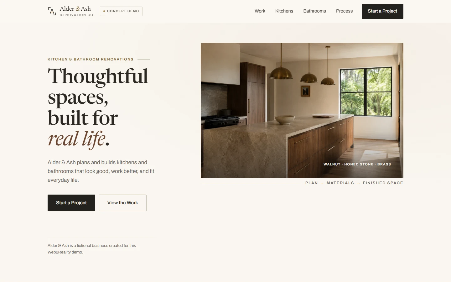 Alder & Ash Renovation Co. demonstration website on desktop: warm editorial hero with a kitchen photograph, a concept demo label, and Start a Project and View the Work buttons.