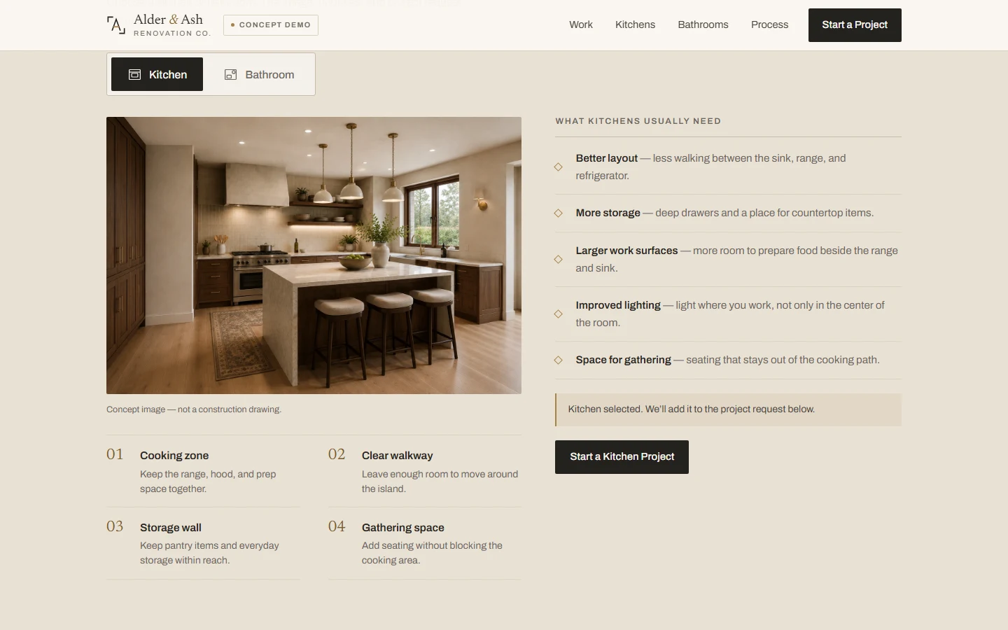 Alder & Ash demonstration website room planner: a kitchen and bathroom selector with a matching room photograph, a list of what kitchens usually need, and a Start a Kitchen Project button.