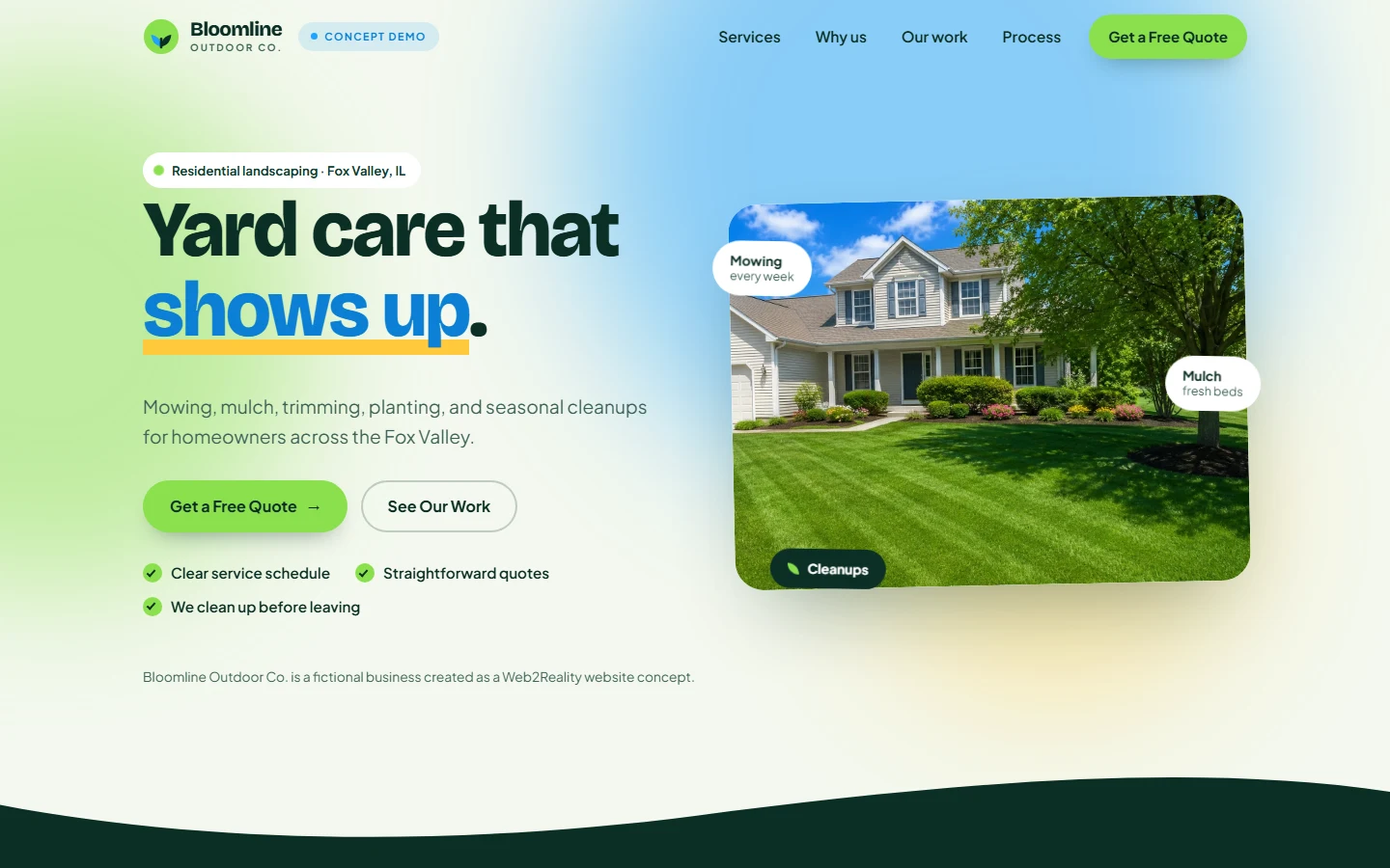 Bloomline demonstration website desktop homepage: bright green hero with a concept demo label, quote button, and a photograph of a freshly mown front yard.