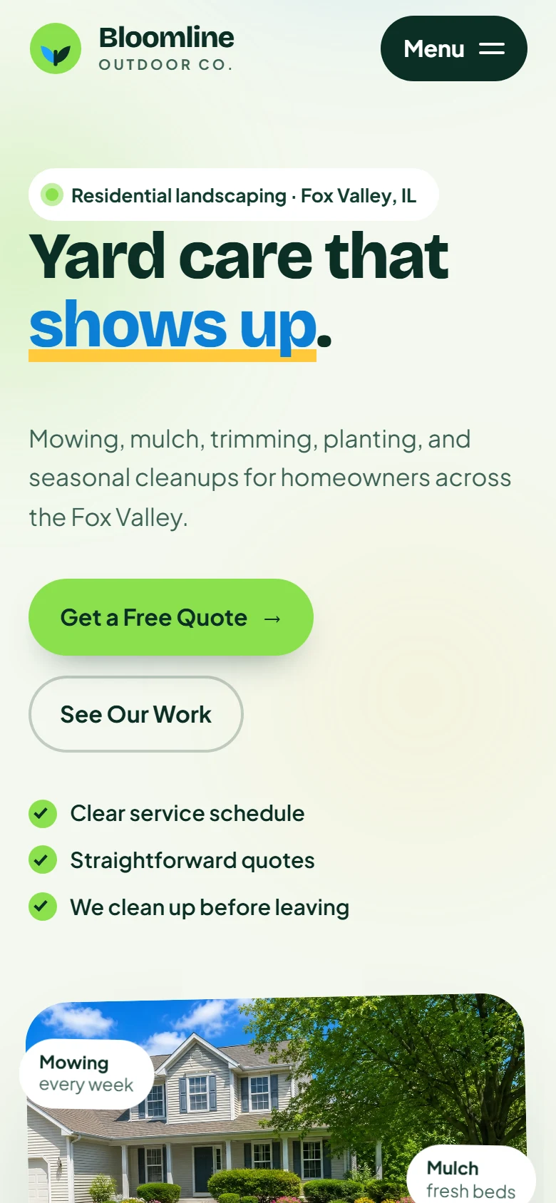 Bloomline demonstration website on a phone: stacked hero with full-width Get a Free Quote and See Our Work buttons above a photograph of a striped lawn.